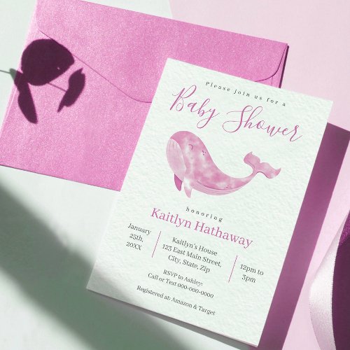 Watercolor Pink Whale Baby Shower Invitation