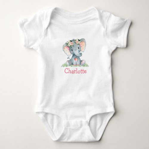 Watercolor Pink White Floral Baby Elephant Baby Baby Bodysuit