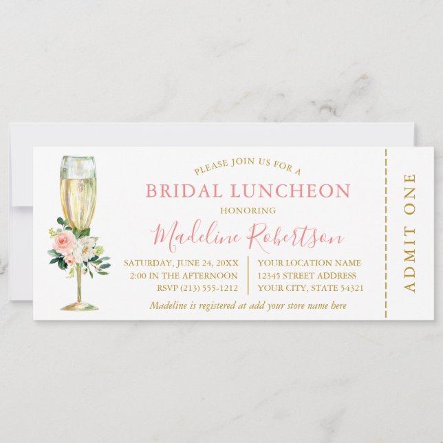 Watercolor Pink White Floral Bridal Lunch Ticket Invitation (Front)