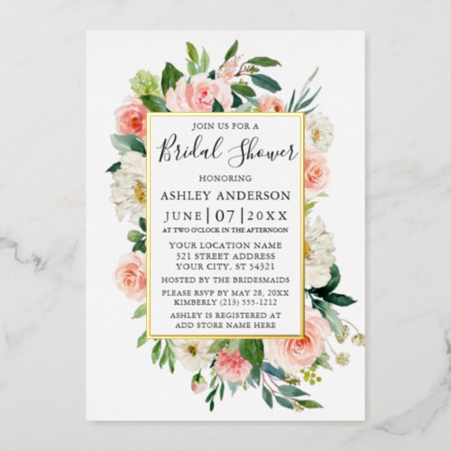 Watercolor Pink White Floral Bridal Shower Gold Foil Invitation