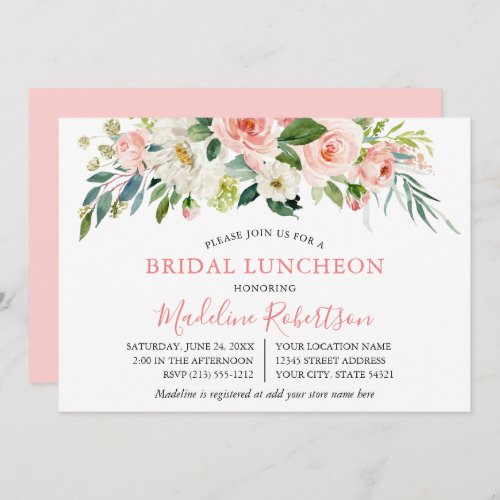 Watercolor Pink White Floral Bridal Shower Lunch Invitation