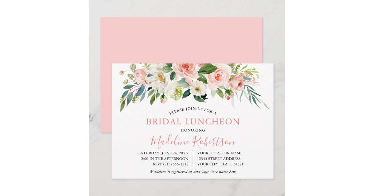 Watercolor Pink White Floral Bridal Shower Lunch Invitation Zazzle