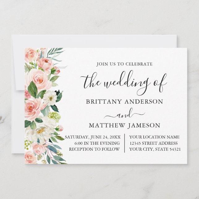 Watercolor Pink White Floral Calligraphy Wedding  Invitation (Front)