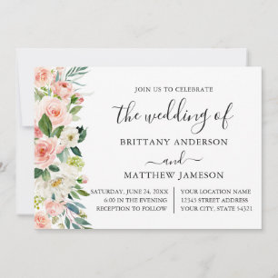 Watercolor Pink White Floral Calligraphy Wedding Invitation