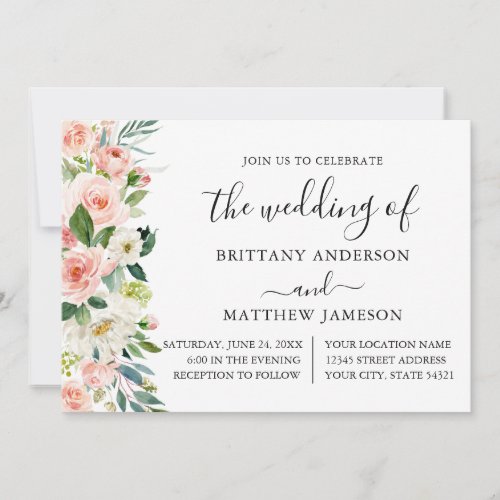 Watercolor Pink White Floral Calligraphy Wedding  Invitation