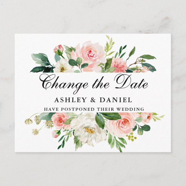 Watercolor Pink White Floral Change The Date Postcard (Front)