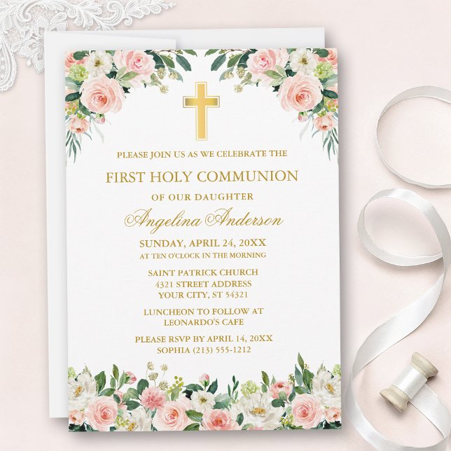 Watercolor Pink White Floral Communion Gold Invitation (Customize to change text size, text style or color.)