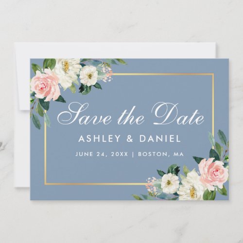 Watercolor Pink White Floral Dusty Blue Save The Date