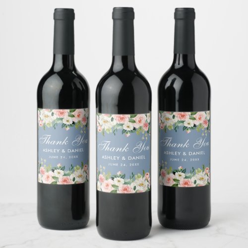 Watercolor Pink White Floral Dusty Blue Wedding Wine Label