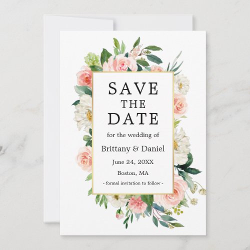 Watercolor Pink White Floral Elegant Gold Frame Save The Date