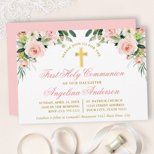 Watercolor Pink White Floral First Communion Gold Invitation