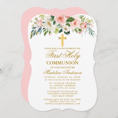 Watercolor Pink White Floral First Communion Gold  Invitation