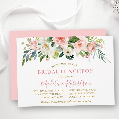 Watercolor Pink White Floral Gold Bridal Lunch Invitation