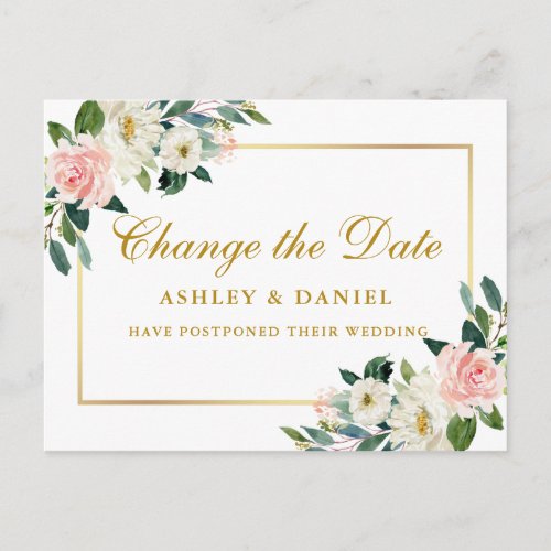 Watercolor Pink White Floral Gold Change The Date Postcard