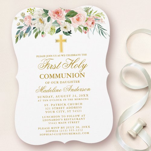 Watercolor Pink White Floral Gold First Communion Invitation