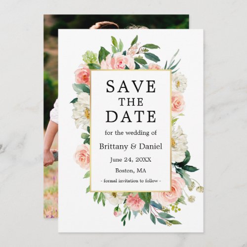 Watercolor Pink White Floral Gold Frame Photo Back Save The Date