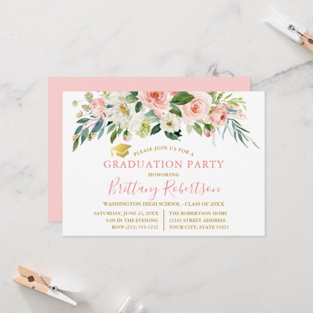 Watercolor Pink White Floral Gold Graduation Party Invitation (Front/Back In Situ)