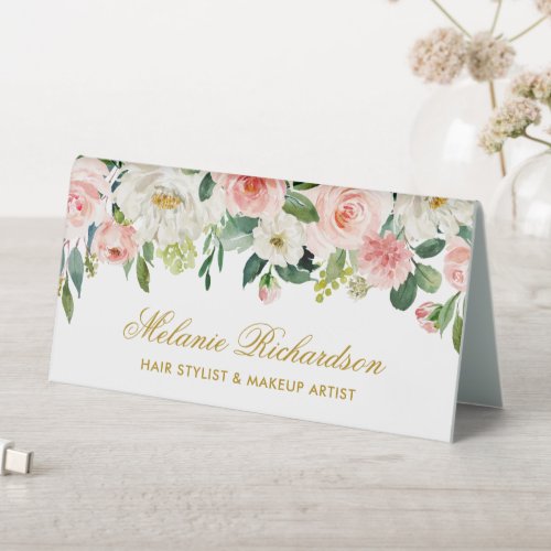 Watercolor Pink White Floral Gold Name Sign