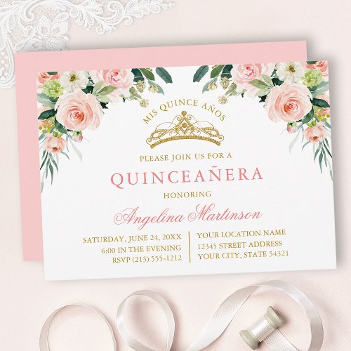 Watercolor Pink White Floral Gold Quinceanera