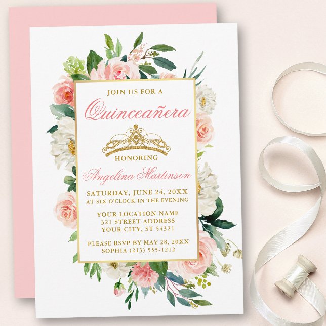 Watercolor Pink White Floral Gold Quinceanera Invitation (Customize to change text color, style, add text & photos to back or change color of back of card.)