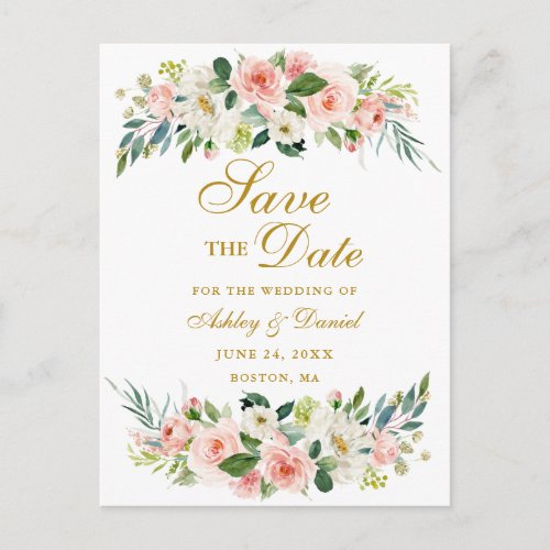 Watercolor Pink White Floral Gold Save the Date Announcement Postcard