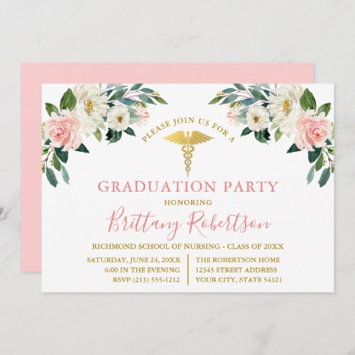 Watercolor Pink White Floral Medical Grad Party Invitation