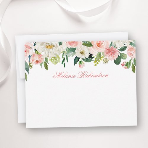 Watercolor Pink White Floral Personalized Note Card