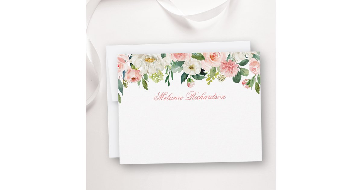 Watercolor Pink White Floral Personalized Note Card | Zazzle