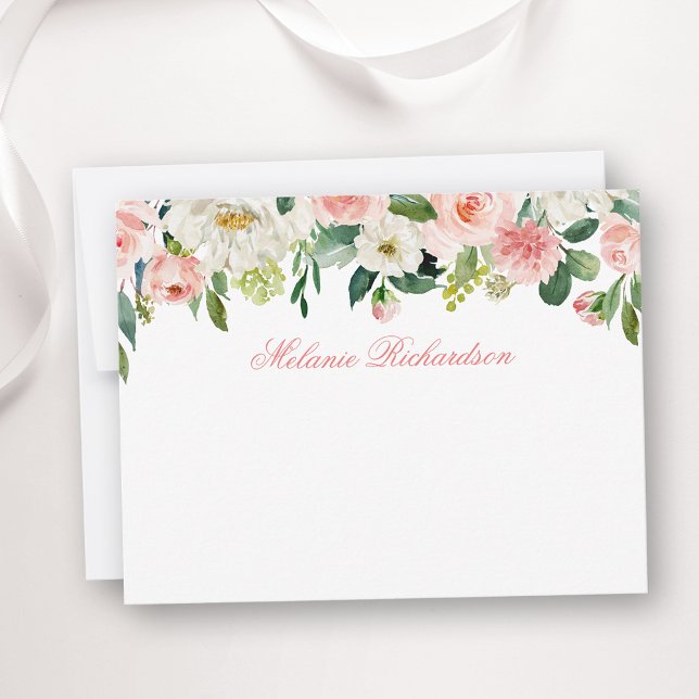Watercolor Pink White Floral Personalized Note Card (Customize to change text size, color, style or to add more text to front or back of card.)