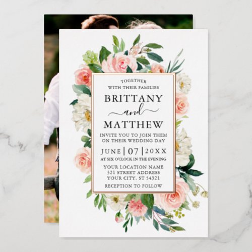 Watercolor Pink White Floral Photo Rose Gold Foil Invitation