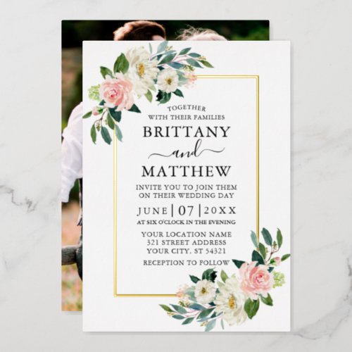 Watercolor Pink White Floral Photo Wedding Gold Foil Invitation