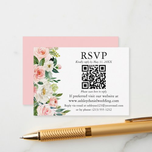 Watercolor Pink White Floral QR RSVP Wedding Enclosure Card