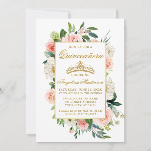 Watercolor Pink White Floral Quinceanera Gold Invitation