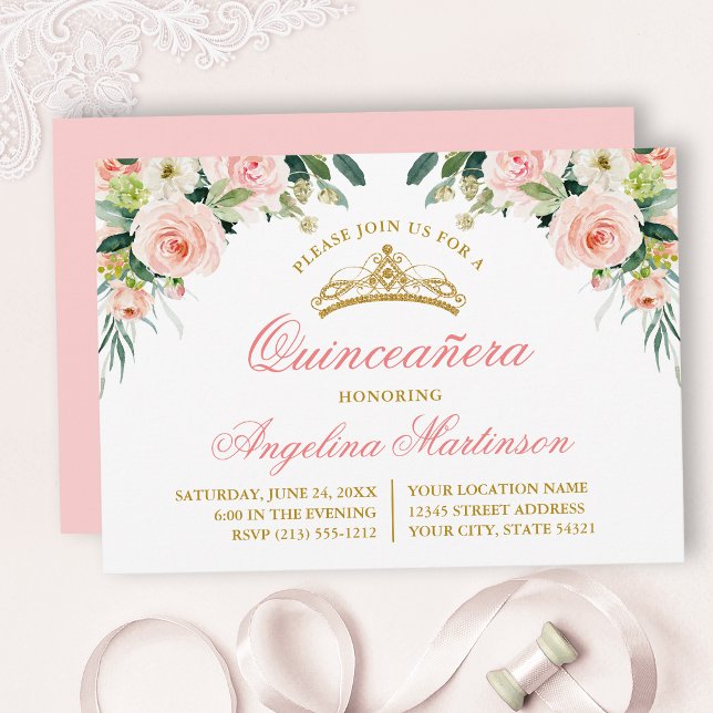 Watercolor Pink White Floral Quinceanera Party Invitation (Customize to change text color, style, add text & photos to back or change color of back of card.)