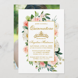 Watercolor Pink White Floral Quinceanera Photo Invitation