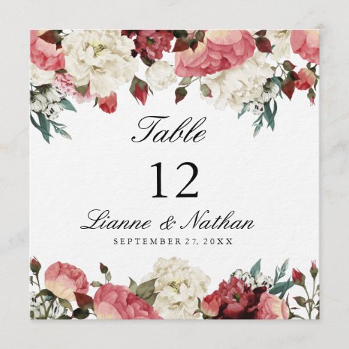 Watercolor Pink  White Floral Table  Menu Card