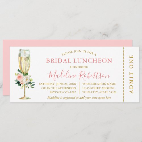 Watercolor Pink White Floral Ticket Bridal Lunch Invitation