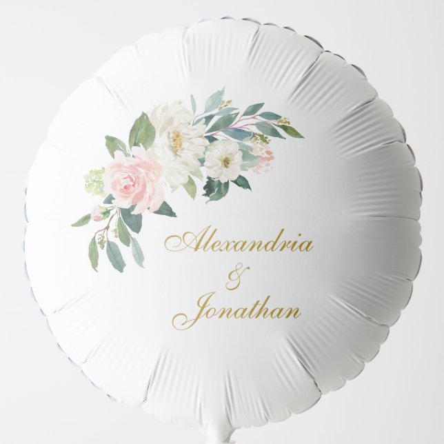 Watercolor Pink White Floral Wedding Gold Names Balloon (Front)