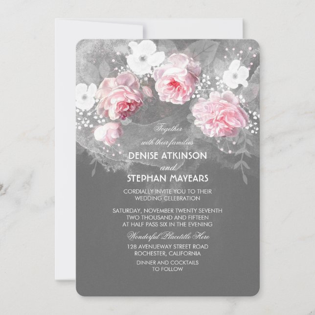 Watercolor Pink & White Floral Wedding Invites (Front)