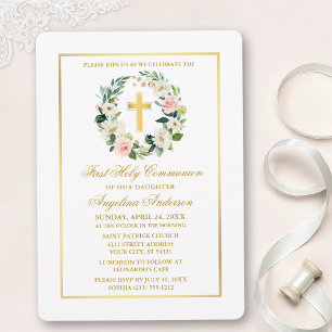 Watercolor Pink White Floral Wreath Gold Communion Invitation