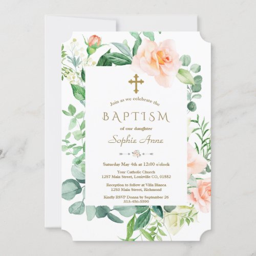 Watercolor Pink White Flowers Frame Baptism Invitation