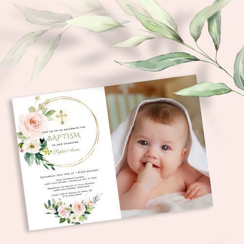 Watercolor Pink White Flowers Girl Photo Baptism I Invitation
