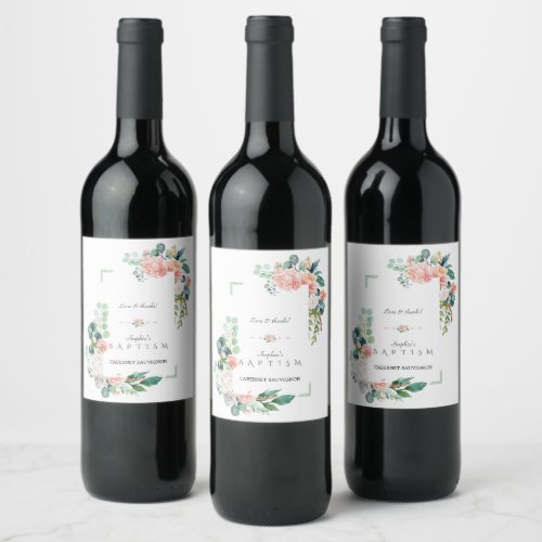 Watercolor Pink White Flowers Green Frame Baptism Wine Label