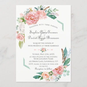 Watercolor Pink White Flowers Green Frame Wedding Invitation