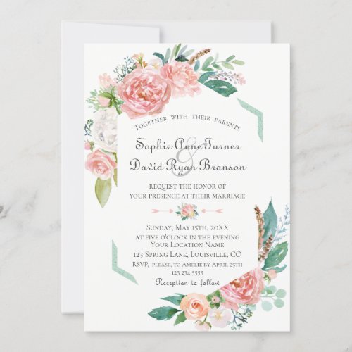 Watercolor Pink White Flowers Green Frame Wedding Invitation