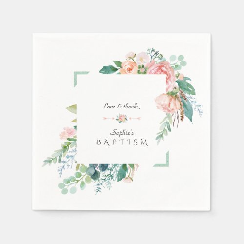 Watercolor Pink White Flowers Green Frame Wedding Napkins