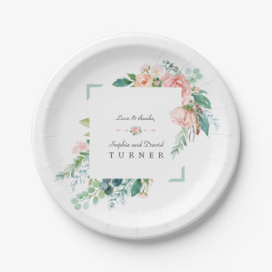 Watercolor Pink White Flowers Green Frame Wedding Paper Plates