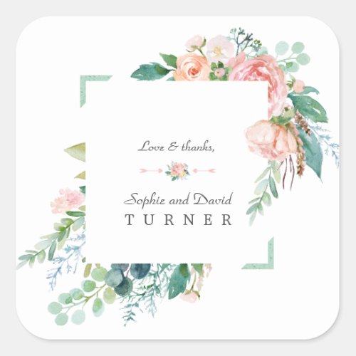 Watercolor Pink White Flowers Green Frame Wedding Square Sticker