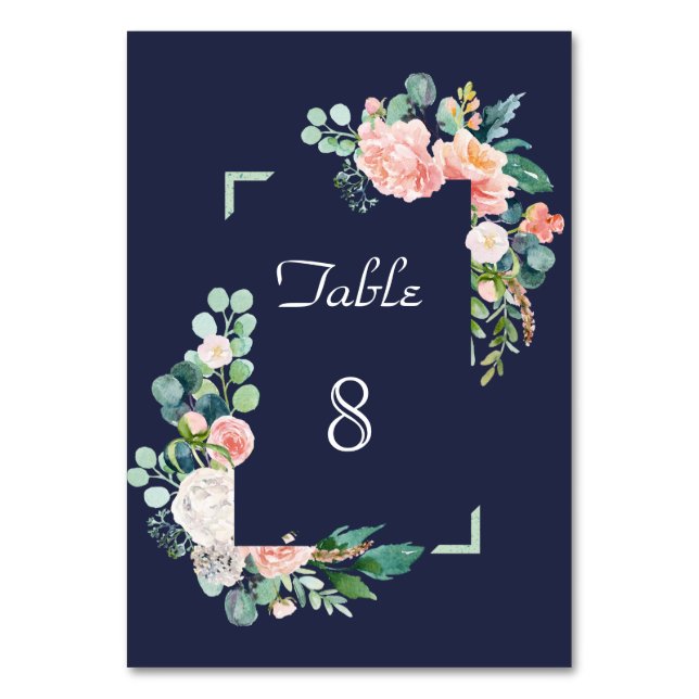 Watercolor Pink White Flowers Green Frame Wedding Table Number (Front)