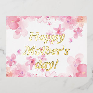 Watercolor pink  white flowers mother day wish foil holiday postcard